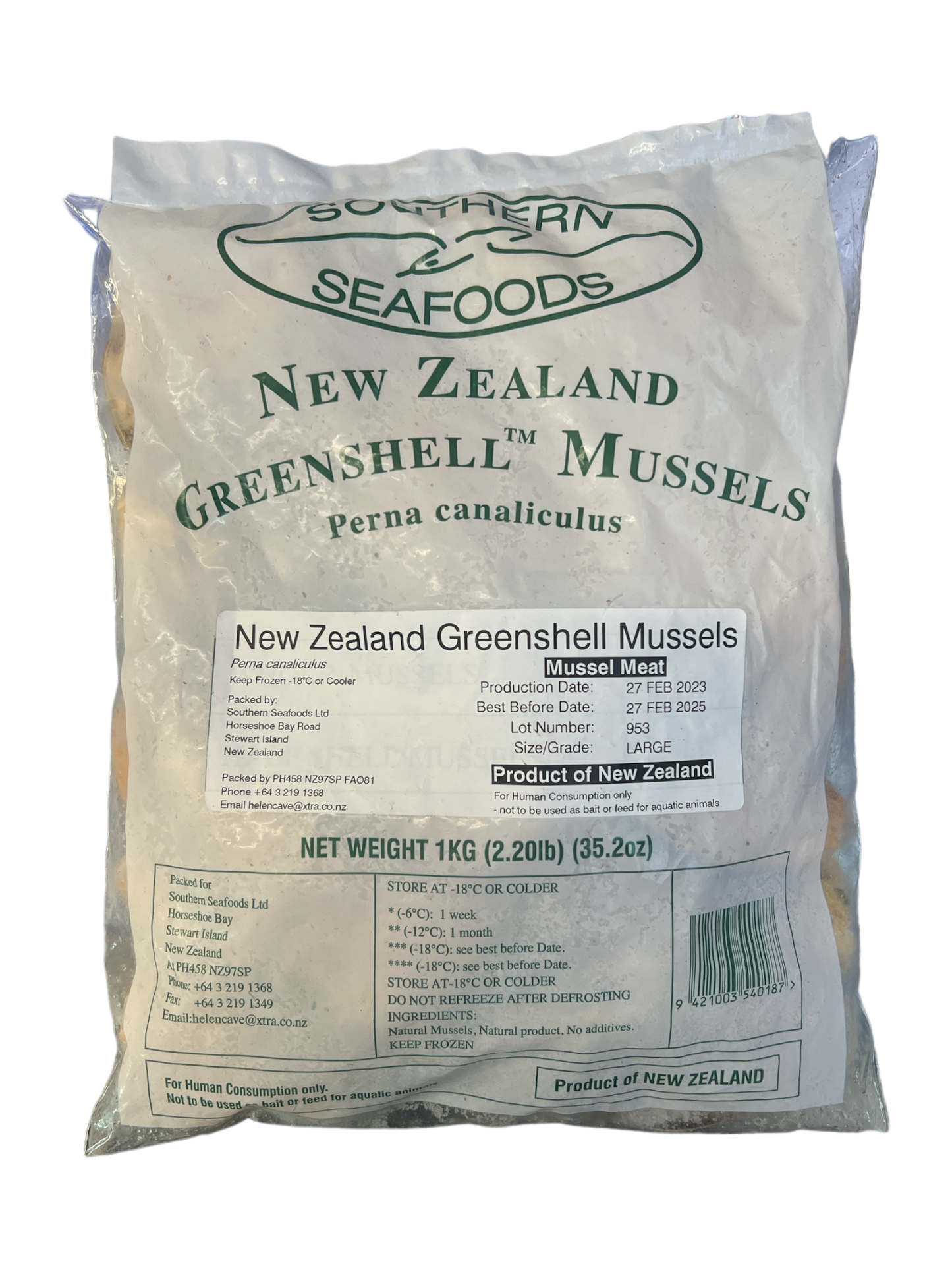Southern Seafoods NZ Greenshell Mussels Large 1kg x 10